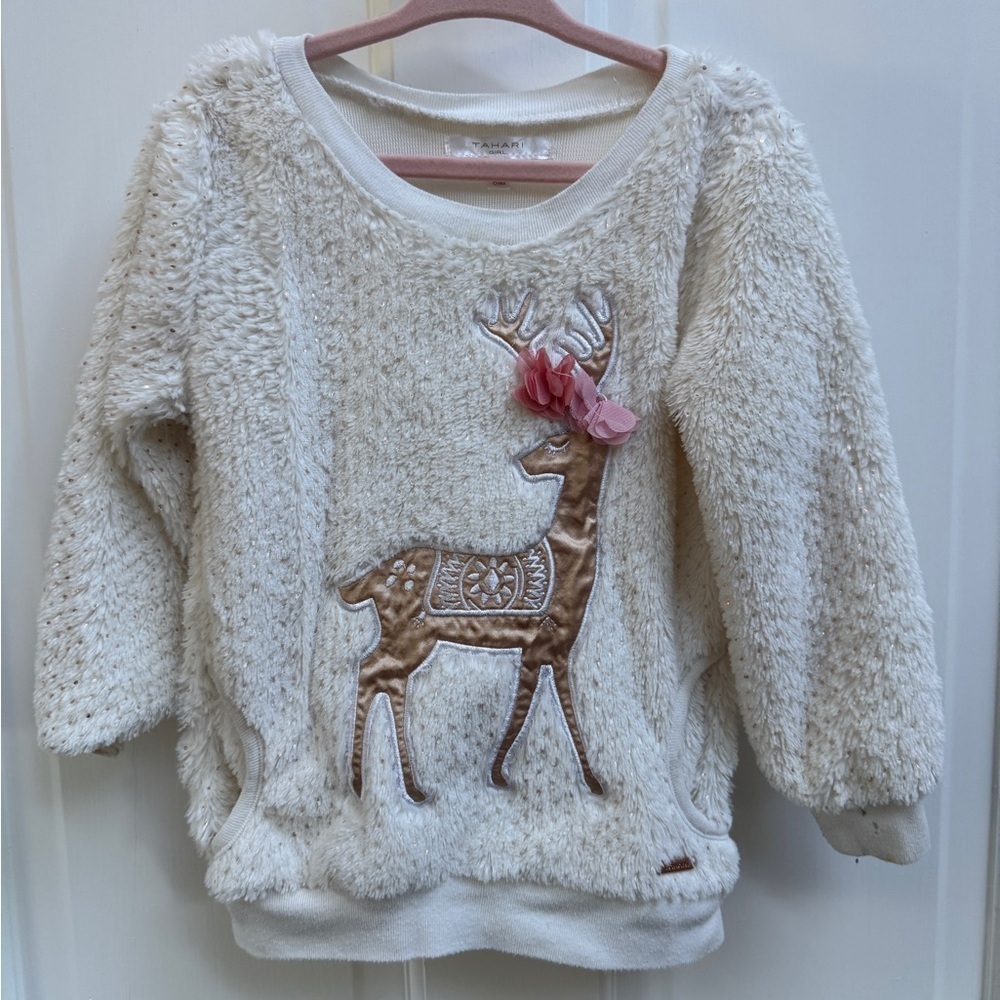 Tahari 4T Girls Cream Fleece Girks Sweater with Deer Reindeer Appliqué Christmas
